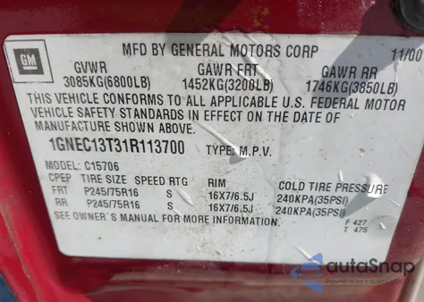 2001 Chevrolet Tahoe Ls z USA, uszkodzony, nr VIN 1GNEC13T31R113700